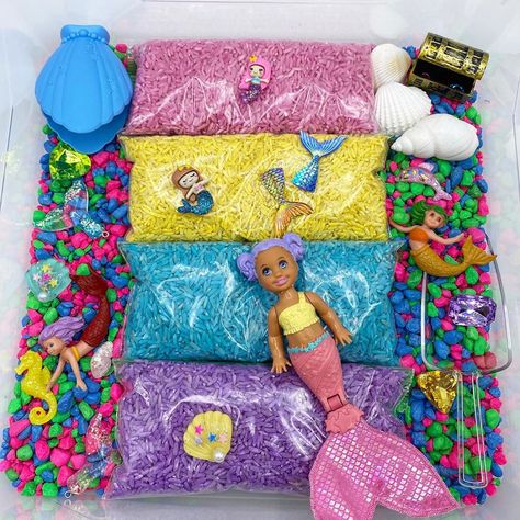 Barbie Sensory Bin, Princess Sensory Bin, Mermaid Sensory Bin, Under The Sea Sensory, Birthday Mermaid Theme, Mermaid Sensory, Toddler Sensory Bins, Sensory Kits, Kids Sensory Play