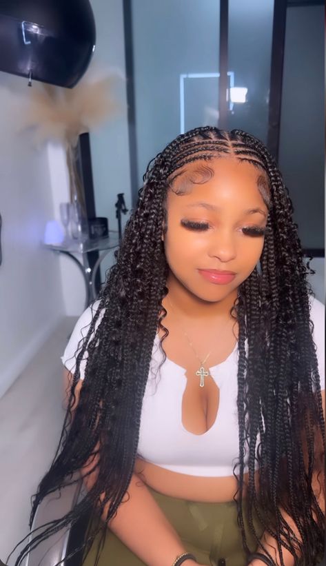 Bohemian Knotless Braids With Cornrows, Trible Braids Boho, Fulani Braids Color 30, Curve Braids, Curly Braided Hairstyles, Bohemian Hair, Braided Hairstyles For Black Women Cornrows, Feed In Braids Hairstyles, Quick Natural Hair Styles