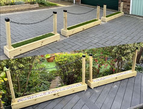 These stylish barrier are a perfect addition to your home, they can be used in many different areas, for example a driveway fence or a divider between you and your neighbors drive. Can be used all over the garden, such as a fence around your decking area. Fillings Options: Comes Empty (Ready For Gravel) (Not Included) Comes Empty (Lowered Shelf For More Gravel Weight ) (Not Included) Comes Fitted With Artificial Grass Comes in 2 different heights, 61 & 81 cm. The lower barrier is great as a divider or border while the taller one acts great as a fence to block access. Comes mostly assembled, you just slip the posts in the gaps and put in 4 optional screws for added support. The posts come fitted with 2 rubber caps to add a great aesthetic look which blends in well with the black plastic cha Driveway Barrier Ideas, Driveway Divider Ideas, Shared Driveway Divider Ideas, Shared Driveway Divider, Driveway Divider, Garden Divider Ideas, Driveway Barrier, Garden Ornaments Diy, Garden Dividers