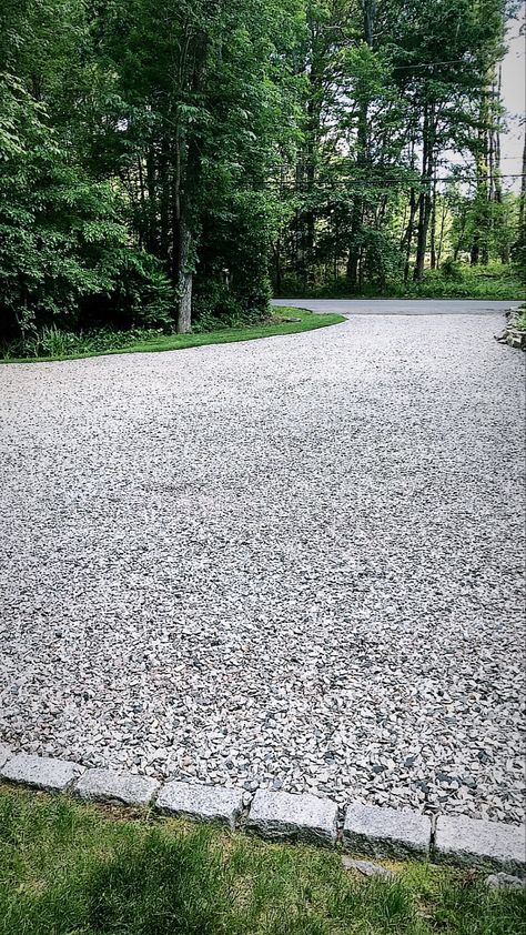 Ideas For Driveways, Gravel Vs Concrete Driveway, Gravel Driveway With Grass In Middle, Gravel Border Ideas Driveway, Landscape Gravel Driveway, Lining Driveway Ideas, Rock And Paver Driveway, Garage And Driveway Ideas, Black Tarmac Driveway