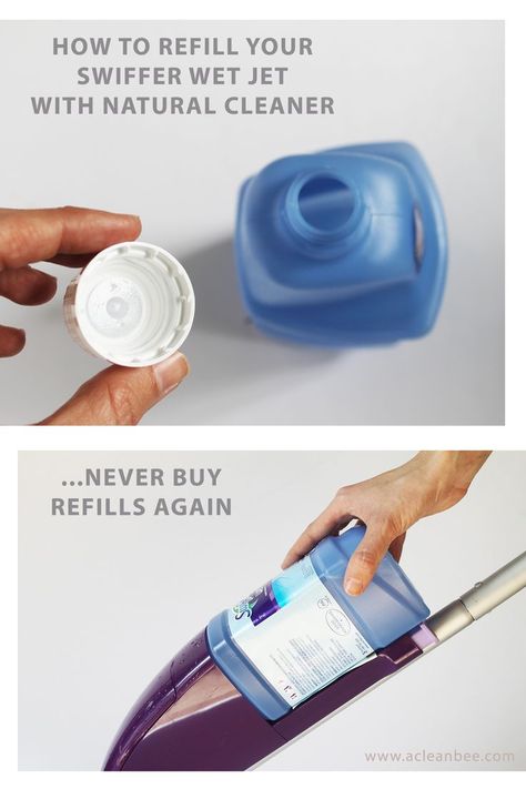 Learn how to re-fill your Swiffer WetJet with an all natural, non-toxic floor cleaner solution using this Swiffer Hack... never buy refills again!   via @acleanbee Wet Jet Refill Diy Floor Cleaners, Diy Swiffer Solution, How To Refill Swiffer Wet Jet Bottle, Non Toxic Floor Cleaner Diy, Non Toxic Floor Cleaner, Swiffer Hacks, Swiffer Wet Jet Refill, Aunt Edna, Swiffer Refill