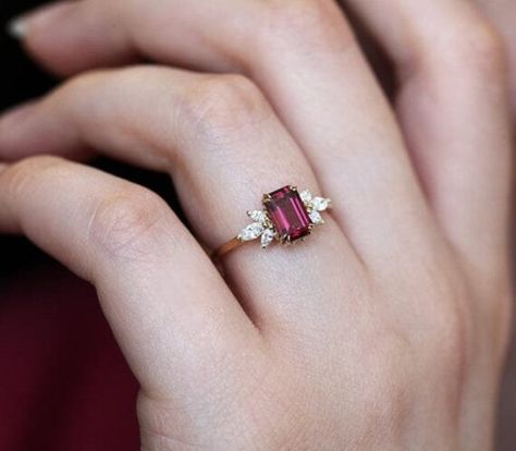 Emeral Ring, Engagement Ring Emerald Cut, Garnet Color, Engagement Ring Emerald, Emerald Cut Diamond Engagement Ring, Garnet And Diamond Ring, Garnet Engagement Ring, Red Garnet Ring, Emerald Cut Diamond Engagement