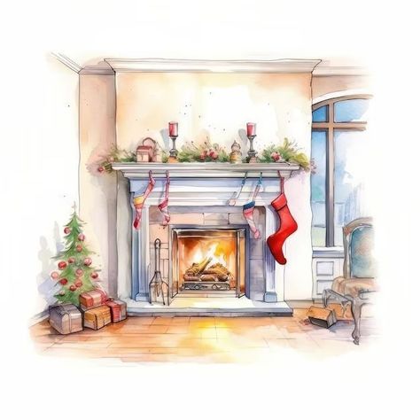 Fireplace Watercolor, Seasonal Pictures, Festive Fireplace, Fireplace Drawing, Xmas Drawing, Watercolour Cards, Paint Fireplace, The Mantle, Christmas Mantle