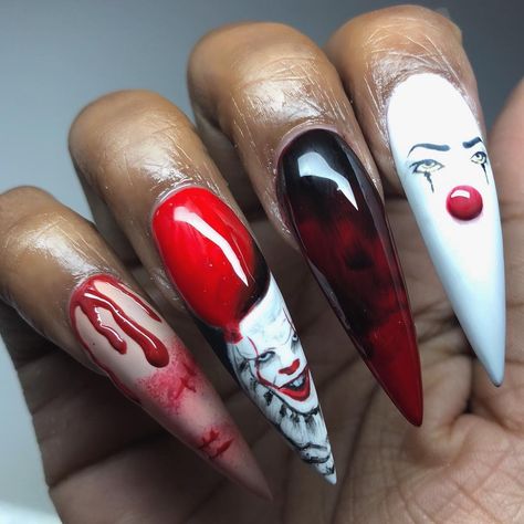 Stephen King Nail Art, Halloween Nail Designs Pennywise, It Nail Designs, It Inspired Nails, It Nails Stephen King, Penny Wise Nails, Pennywise Nail Art, Horror Nails Halloween, Pennywise Nails