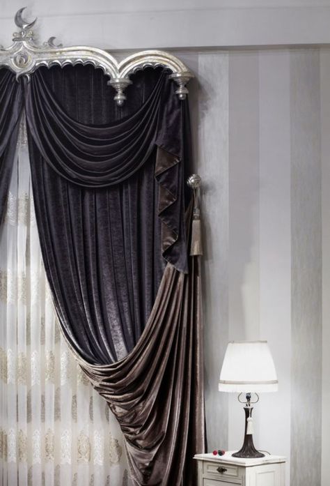 Gorgeous dark gray drapes ornamental style made by Telamor Fancy Curtains, Victorian Curtains, Window Treatments Ideas, Classic Curtains, Unique Curtains, Plain Curtains, Luxury Curtains, Stylish Curtains, Elegant Curtains