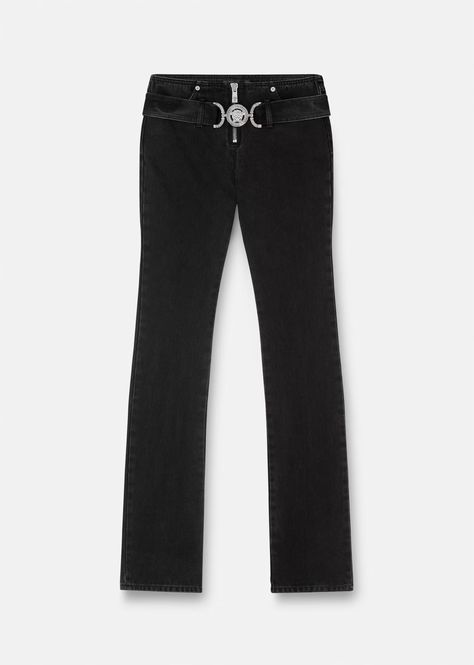 Versace Women's Medusa '95 Jeans in Black | Versace GB Versace Pants, Womens Pants Design, Designer Jeans For Women, Luxury Clothes Men, Versace Home, Studded Denim, Printed Trousers, Shorts For Women, Pants Design