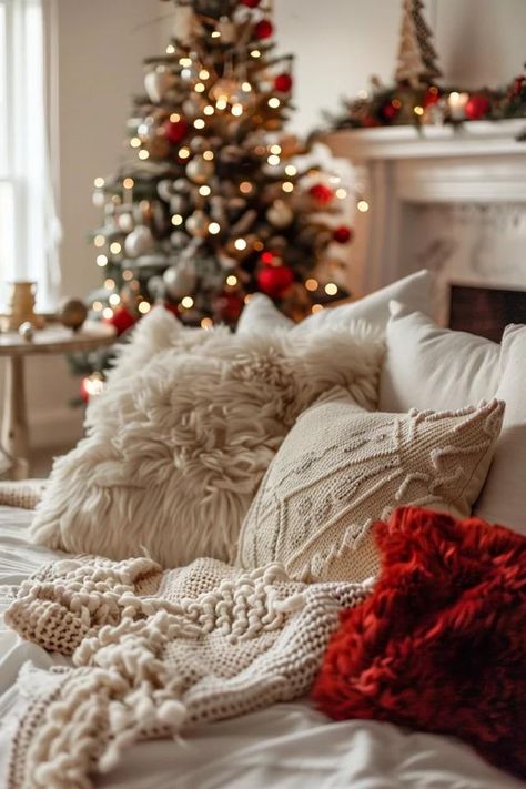 Cozy Christmas Theme Bedroom Decor Ideas Christmas Aesthetic Interior, Holiday Cozy Aesthetic, Cozy Christmas Interior, Cottagecore Aesthetic Christmas, Calm Christmas Aesthetic, Comfy Christmas Aesthetic, Christmas Bedding Cozy, Cozy Farmhouse Christmas Decor, Christmas Bed Set Up Photography