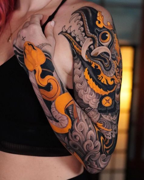 Neo Japanese Tattoo Designs, Neotrad Tattoo Design, Yakuza Style Tattoo, Arm Sleeve Tattoo, Neo Tattoo, Japan Tattoo Design, Wicked Tattoos, Irezumi Tattoos, Tattoo Artwork