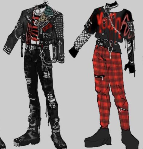 Hyper Punk Fashion, English Punk Fashion, Goth Outfits Men Punk Rock, Punk Outfit Reference, Red And Black Punk Outfits Men, 90s Scene Fashion, Punk Goth Fashion Men, Red Gothic Aesthetic Outfit, Punk Band Outfits