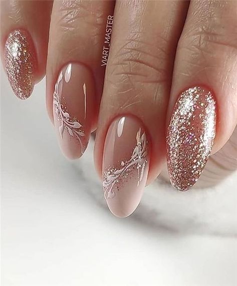 Trendy Nails Wedding, Almond Shape Nails For Wedding, Wedding Nails For Bride Lace, Natural Glitter Nail Designs, Grey Wedding Nails Bridesmaid, Fall Wedding Nails For Bride Acrylic, December Wedding Nails, Lace Tip Nails, Rose Gold Wedding Nails For Bride