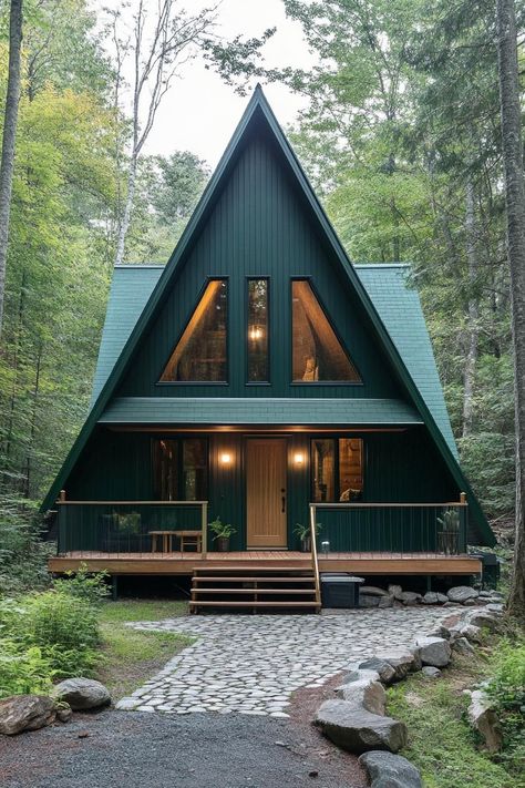 Kit Houses Prefab, Simple A Frame Cabin, Natural Wood Door, Narrow Windows, Modern A Frame Cabin, Forest Houses, Green Siding, Cabin Vibes, Slope House