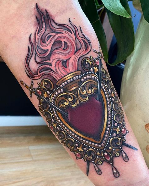 Sacred Heart Back Tattoo, Sacred Heart Sternum Tattoo, Sacred Heart Tattoo Chest, Sacred Heart Tattoo Women, Burning Heart Tattoo, Flaming Heart Tattoo, Sacred Heart Tattoo Design, Traditional Chest Tattoo, Sacred Heart Tattoo