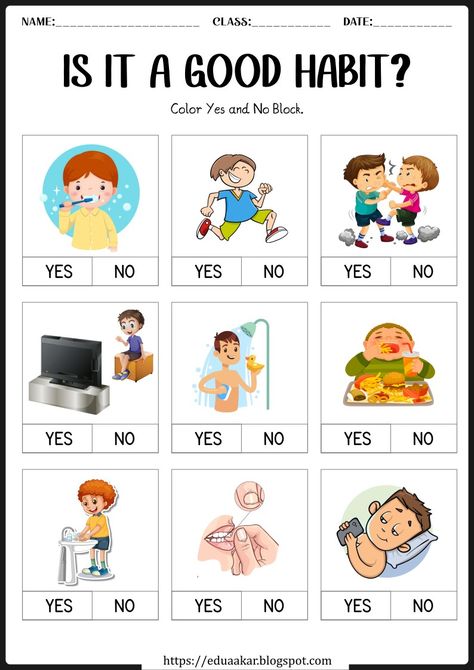 Good Manners Kindergarten, Healthy Habits Kindergarten Worksheets, Moral Worksheets For Kindergarten, Healthy Habits For Kindergarten, Class Ukg Gk Worksheet, Kindergarten Health Worksheets, Good Habits And Bad Habits Worksheet, Ukg Evs Worksheets Activities, Healthy Habits Worksheet For Preschool