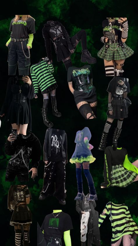 Black And Green Alt Outfit, Green And Black Grunge Outfit, Green Goth Aesthetic Outfit, Green Emo Outfits, Green Alt Outfits, Green Punk Outfits, Green Punk Aesthetic, Green Goth Outfit, Green Goth Aesthetic