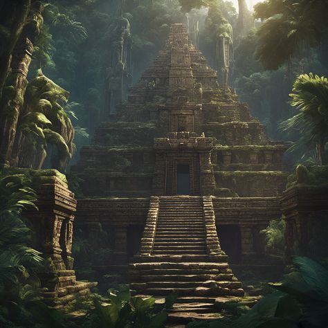 An ancient temple in the jungle surrounded by trees Fantasy Jungle Temple, Jungle Village Fantasy Art, Jungle Temple Art, Dnd Jungle, Jungle Castle, Mexico Jungle, Fantasy Temple, Jungle Village, Fantasy Jungle