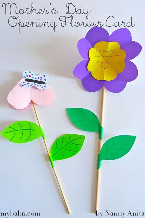 Opening flower card perfect for Mother's day. Folded Paper Flowers, Spring Arts And Crafts, Diy Kid Activities, Diy Mother's Day Crafts, Leaving Cards, Cute Origami, Pinterest Diy Crafts, Mothers Day Crafts For Kids, Flower Card