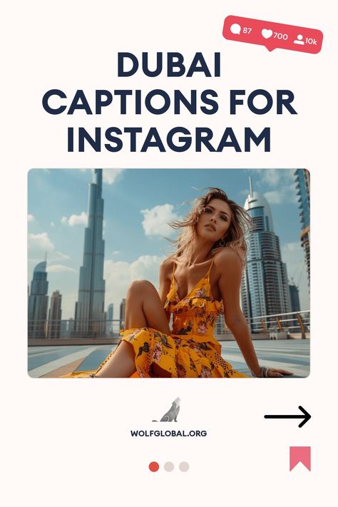 Promotional graphic for "Dubai Captions for Instagram" with a woman in a yellow dress and cityscape.
List of travel highlights and experiences in Dubai with a "Get More" button and website link.
A woman with a laptop, surrounded by social media icons, advertising Instagram engagement services. Dubai Captions For Instagram, Dubai Quotes, Dubai Instagram, Dubai Photoshoot, Dubai Frame, Captions For Instagram Posts, City Of Gold, Miracle Garden, Dubai Aesthetic