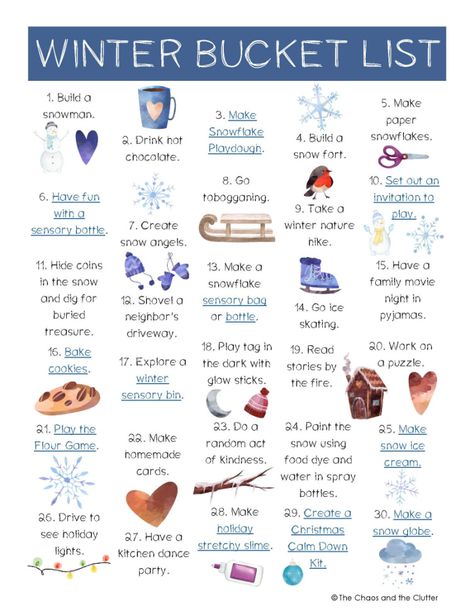 Autumn Family Bucket List, Winter Hang Out Ideas, Kids Winter Bucket List, Winter Bucket List For Families, Winter Fun Ideas, Monthly Bucket List Ideas, Winter Bucket List For Kids, Things To Do In The Winter, Winter Ideas Activities