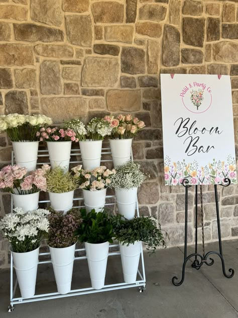 Flower Bar Experience Flower Bar For Wedding, Flower Bar Cart Ideas, Bridal Shower Bloom Bar, Flower Station Wedding, Bridal Shower Flower Bar Cart, Self Serve Flower Stand, Bloom Bar Ideas, Make Your Own Bouquet Station, Build Your Own Bouquet Bar