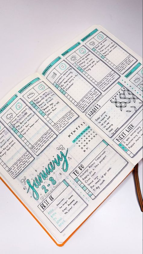 2024 Journal Layout, To Do List Journal Layout, Daily To Do List Journal Ideas, Bujo Index Page Layout, Journal To Do List Layout, Daily Planner Journal Layout, Easy Bujo Spreads, January Bujo Weekly Spread, Aesthetic Bujo Spreads