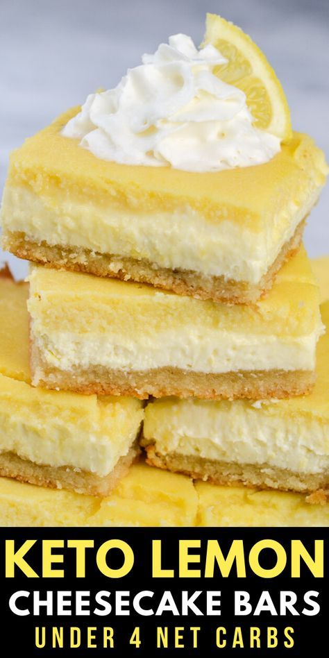 You will love these Keto Lemon Cheesecake Bars! With three layers including a sweet shortbread crust, lemon cheesecake and a smooth lemon bar layer these are the ultimate low carb citrus dessert! #keto #lemon #cheesecake Keto Recipes Baking, Keto Lemon Cheesecake Bars All Day I Dream About Food, Best Keto Recipes Dessert, Keto Lemon Recipes Low Carb, Keto Desserts For Easter, Keto Ellen Recipes, Keto Recipes With Macros, Low Carbing Amongst Friends, Keto Lemon Cream Cheese Bars