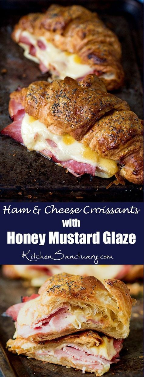 Ham and Cheese Croissant with Honey Mustard Glaze - a simple but delicious breakfast! Crasaunts Sandwich, Best Ham And Cheese Croissant, Breakfast Ham Sandwiches, Ham And Egg Croissant, Smashed Croissant Sandwich, Homemade Ham And Cheese Croissants, Ham Cheese Croissant Sandwiches, Croissant Uses, Crossiant Recipes Sandwiches