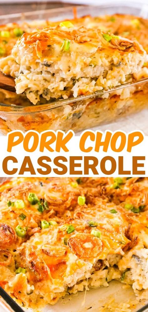 Pork Chop Casserole is a hearty one dish meal with a base of creamy instant rice topped with boneless pork chops, shredded cheese and crispy fried onions. Pork Casserole Recipes, Recipes For Pork, Pork Chop Casserole, Boneless Pork Chop Recipes, Pork Casserole, Pork Chop Recipes Crockpot, Easy Pork Chops, Pork Chop Recipes Baked, Easy Pork Chop Recipes