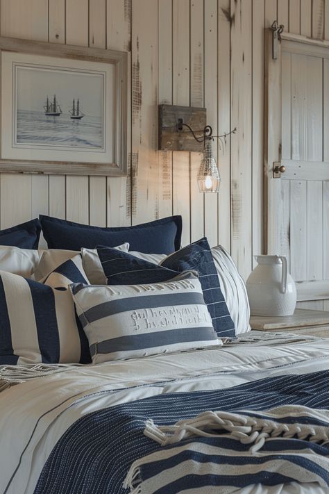 nautical farmhouse bedroom in blue Nautical Farmhouse Decor, White Rustic Bedroom, Lake House Bedroom Ideas, Lake House Bedroom Decor, Nautical Decor Bedroom, Lakehouse Bedroom, Farmhouse Guest Bedroom, Distressed Wood Furniture, Lake House Bedroom