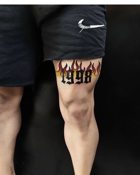 Flame Age 1998 Leg Tattoo, 1998 Tattoo Men, Simple Tattoos Men Leg, Tattoo For Legs, Mens Knee Tattoo Ideas, Legs Tattoo Men, Cool Leg Tattoos For Guys, Above Knee Tattoo Men, Over Knee Tattoo Men