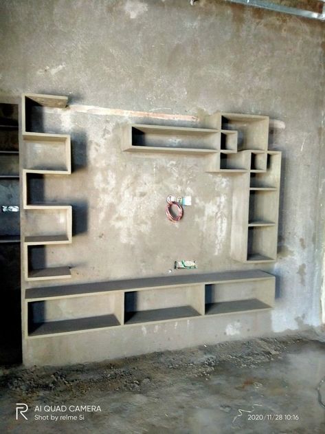 Tv Unit With Cement Design, Hall Tv Unit Design Modern Cement, Tv Unit Design Cement, Cement Shelf Design, Hall Self Design With Cement, Tv Wall Design Cement Work, Tv Cupboard Design For Hall With Cement, Cement Cupboards In Hall, Tv Unit Design Modern With Cement