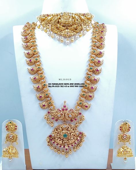 Best Designs In Your Choice Of Weight Presenting Latest Collection Of Nakshi Bridal Set Of Choker, Mango Haram and Jhumka Get 100% exchange value on your old Gold. Testing machine available Visit Us For Complete Range At Most Competitive Prices Instant Video Call On 8125782411 or 9909903063 Free Shipping Within India and U.S.A. #necklace #nakshijewellery #mangoharam #jhumkas #bridaljewellery #mljgold #srimahalaxmigemsandjewellers #generalbazar #Secunderabad #freeshippingusa Latest Mango Haram Designs, Mango Haaram Designs Gold Latest, Latest Long Harams Gold, Nakshi Mango Haram Designs, Mango Mala Jewellery Gold Latest, Choker And Long Haram Set Gold, Latest Mango Haram Designs With Grams, Haram And Necklace Set Gold, Latest Haram Gold Designs 2023