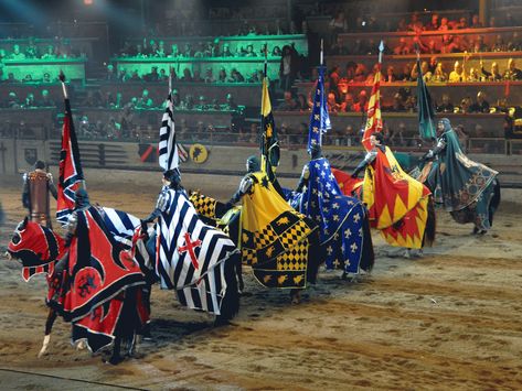 Live jousting, sword fights, horsemanship, and falconry comprise the show where guests are taking back to Medieval Times.  Guests are still divided into teams according to color and rallied to cheer for one of the six Knights of the Realm. Forever Knight, Medieval Spain, Medieval Times Dinner, Medieval Horse, Horse Costumes, Medieval Times, Medieval Knight, A King, Crusades