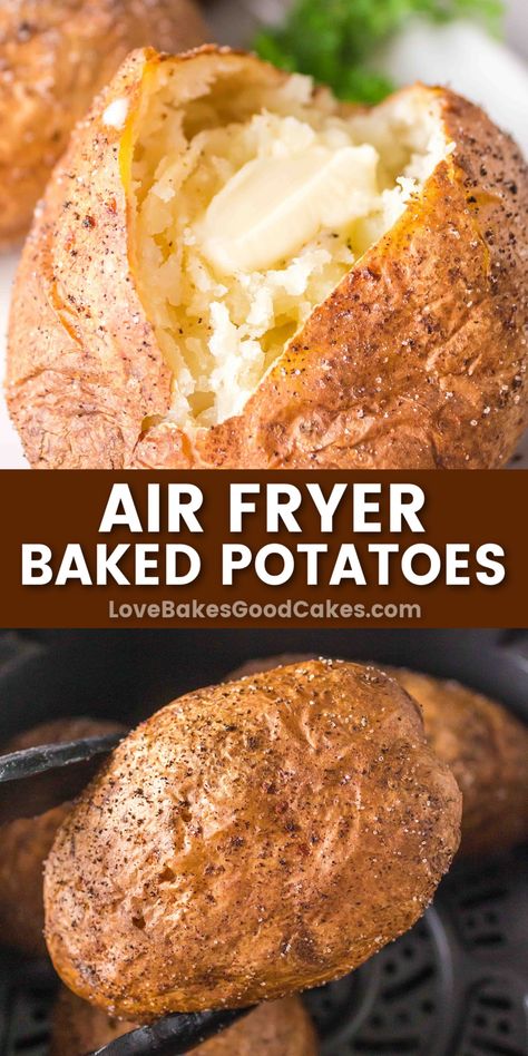 Air Fryer Baked Potatoes pin collage Potato Dinners, Baked Potato Recipe, Air Fryer Baked Potato, Perfect Baked Potato, The Best Air Fryer, Best Air Fryer, Air Fryer Oven Recipes, Baked Potato Recipes, Air Fryer Dinner Recipes