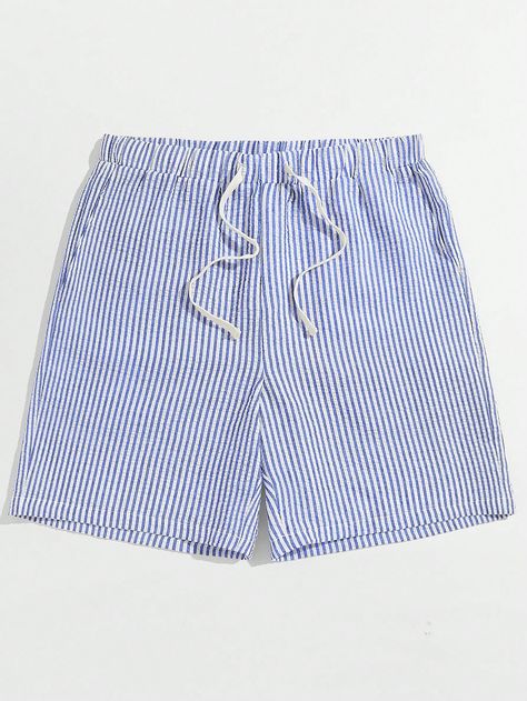 Black Casual Collar  Fabric Striped Straight Leg Embellished Non-Stretch Summer Men Clothing Striped Shorts Outfit Men, Striped Shorts Outfit, Linen Shorts Men, Long Linen Pants, Mens Shorts Outfits, Blue And White Shorts, Shein Brasil, Mens Shorts Summer, Guys Clothing Styles