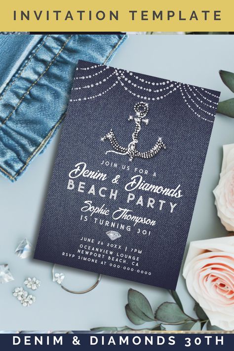 A Denim and Diamonds 30th Birthday Party Invitation for Women with Beach Boat Anchor in Rhinestones, Elegant Modern Classy Denim And Diamonds Theme, 30th Birthday Ideas For Women, Diamond Theme, Beach Party Invitations, Denim Background, Chic Birthday Party, 30th Birthday Party Invitations, Beach Birthday Party, Chic Birthday