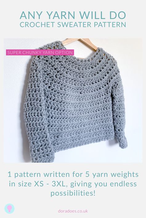 Top Down Crochet Sweater Pattern, Top Down Crochet Sweater, Crochet Jumper Pattern, Bulky Yarn Crochet, Chunky Yarn Crochet, Yoke Sweater, Crochet Sweater Design, Yarn Weights, Crochet Sweater Free