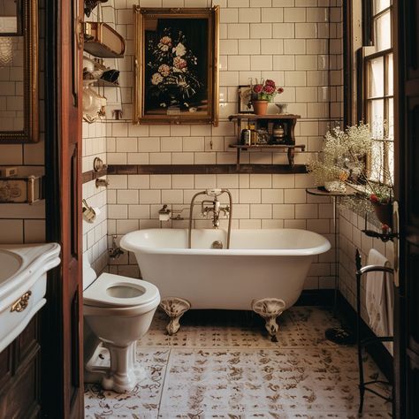 Clawfoot tubs in vintage bathrooms Claw Foot Tub With Shower Head, Vintage Cottagecore Bathroom, Old Bathroom Aesthetic, Bathroom Remodel Clawfoot Tub, Clawfoot Bathtub Bathroom, Colonial Bathroom Ideas, Claw Foot Tub Bathroom, Vintage Decor Bathroom, Cottage Core Bathroom