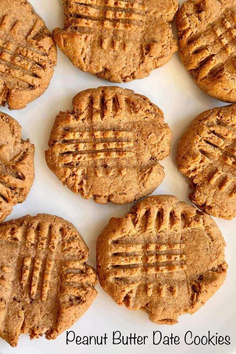 These peanut butter date cookies are soft, chewy, and sweet with a hint of saltiness. They're dairy free, egg free, and vegan. Date Sweetened Peanut Butter Cookies, Date Peanut Butter Cookies, Date Cookies Recipes Simple, Peanut Butter Date Cookies, Date Sweetened Cookies, Date Cookies Healthy, Healthy Dates Recipes, Date Cookies Recipes, Dates Cookies