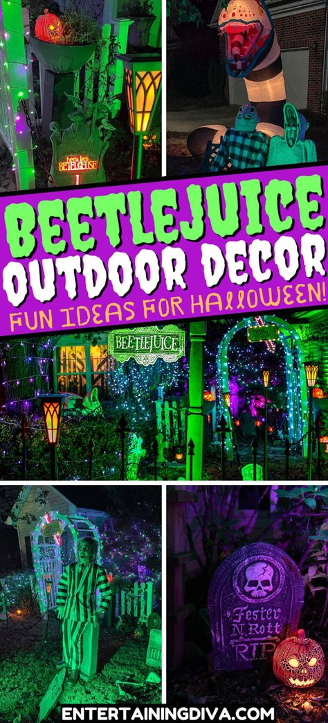 Beetlejuice Outdoor Decor Ideas For Your Halloween Yard | Halloween Beetlejuice House, Halloween Juice, Outdoor Decor Ideas, Beetlejuice Halloween, Diy Halloween Decor, Halloween Inflatables, Ideas For Halloween, Halloween Yard Decorations, Halloween Decorating