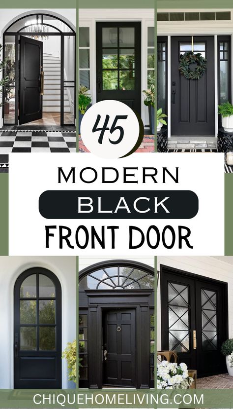 Front Door Black Outside White Inside, Front Door Modern Farmhouse Entrance, Best Hardware For Black Front Door, Modern Black Front Doors, Black Door Front Porch Decor, Black Exterior Doors Front Entry Modern, Black Modern Front Door Entrance, Black Entrance Door Modern, Hardware For Black Front Door