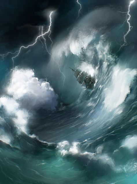 Storm At Sea Painting, Storms At Sea, Stormy Sea Painting Tutorial, Stormy Sea Aesthetic, Ocean Storm Aesthetic, Sea Storm Aesthetic, Fantasy Ocean Art, Sea Fantasy Art, Stormy Sea Painting