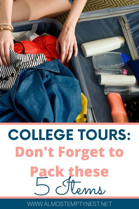 What to Bring on a College Tour: Don't forget to pack these 5 items for your next college visit. #almostemptynest #collegetour #collegevisit College Tour Outfit, College Tours, College Visits, College Goals, College Packing Lists, College Preparation, College Algebra, College Tour, College Visit