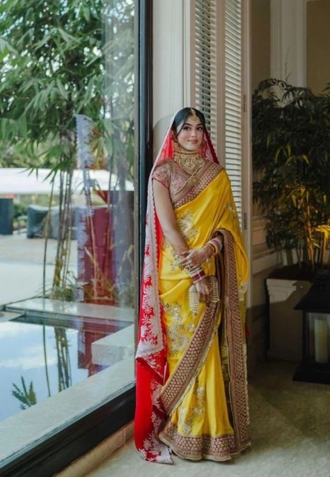 Yellow And Red Wedding Saree, Bihari Saree Look, Yellow Saree Bridal Look, Kanjeevaram Bride, Yellow Saree For Wedding, Yellow Saree Look, Bihari Bride, Bihari Wedding, Yellow Bridal Lehenga