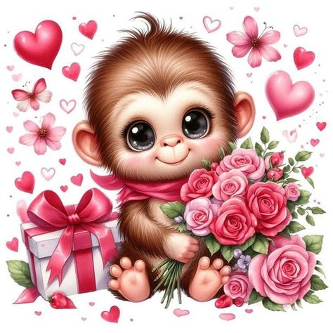 Monkey Valentine, Home Wall Painting, Monkey Pattern, Dreamy Artwork, Diamond Paint, Valentines Art, Diy Rhinestone, Gems Art, Rhinestone Art