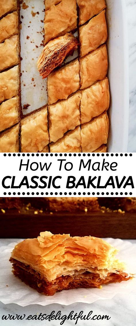 Pin for baklava photo overhead and side photo Greek Baklava Recipe Traditional, Baklava Easy Recipe, Almond Baklava Recipe, Walnut Baklava Recipe, Baclavale Recipes Easy, Baklava Recipe Greek, How To Make Baklava, Baklava Recipe Traditional, Baclavale Recipes Greek