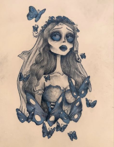 Corpse Bride Portrait Tattoo, Tim Burton Art Ideas, Emily Corpse Bride Butterfly, Tom Burton Tattoos, Corpes Bride Tattoos, Scraps Tattoo Corpse Bride, The Art Of Tim Burton, Emily Corpse Bride Tattoo Small, The Corpse Bride Painting