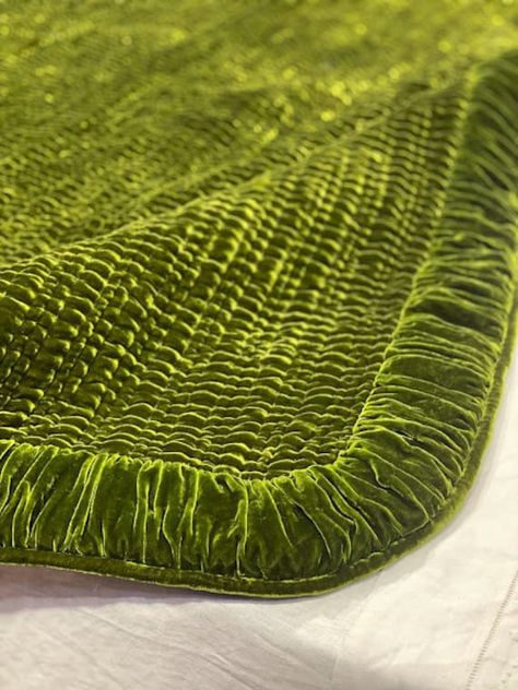 Olive Drab Silk velvet throw, Natural Silk Velvet Quilted Blanket,Soft Duvet, Quilted Bedspread, Hand-stitched Throw,  bed runner A luxurious, lightweight, reversible, thinly padded throw or bed runner in gorgeous blue silk velvet and  100% mulberrysilk . Features intricate, traditional, hand-done topstitching that matches the silk velvet and creates a lovely pattern made from individual  stitches, visible on the silk. Made of natural silk velvet and silk fabric - Soft and lightweight! The light Fairy Adventure, Green Bed, Castle Doors, Velvet Bedspread, Throw Bed, Quilted Blanket, Silk Quilt, Velvet Quilt, Velvet Bed