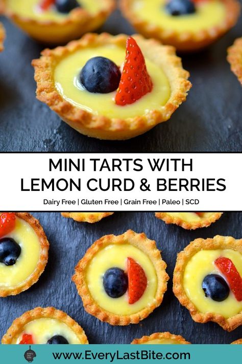 These Lemon Curd Tarts have an almond flour shell, are filled with a zesty lemon curd and topped with fresh berries. They are a great make ahead dessert and the lemon curd can be frozen up to 4 month in advance. These tarts are Paleo, Grain Free, Gluten Free, and Specific Carbohydrate Legal. Lemon Curd Tarts, Paleo Easter, Tart Shells Recipe, Aip Sweets, Curd Tarts, Lemon Curd Dessert, Mini Lemon Tarts, Mini Tart Shells, Lemon Curd Tart