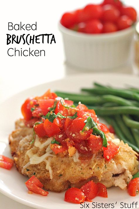 Baked Bruschetta Chicken on SixSistersStuff.com- this is the perfect dinner recipe to use up all those fresh tomatoes! Baked Bruschetta, Chicken Bruschetta Recipe, Delicious Chicken Breast Recipes, Bruschetta Chicken, Six Sisters Stuff, Six Sisters, Baked Chicken Breast, Breaded Chicken, Flank Steak