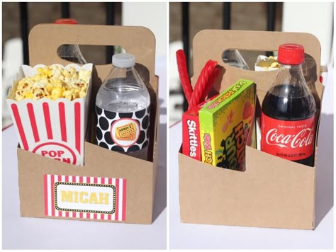 Movie Snack Box Ideas, Movie Night Centerpieces, Movie Night Birthday Party Favors, Movie Night Concessions, Movie Night Box Ideas, Movie Box Ideas, Movie Night Concession Stand Ideas, Concession Stand Party Ideas, Backyard Movie Night Birthday Party